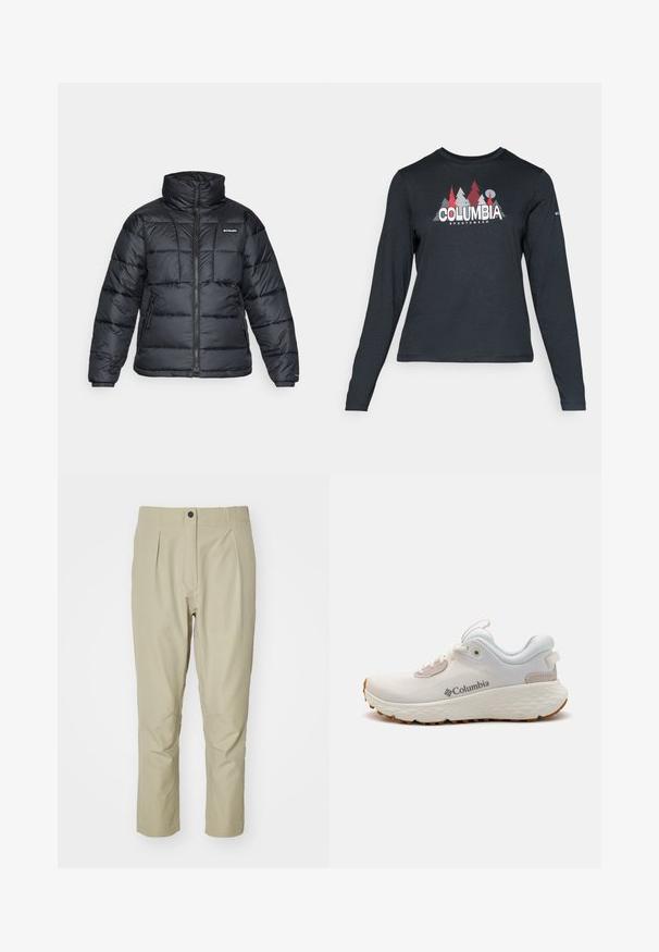 Svart dunjakke med høy krage, kviltet mønster og glidelås foran. Har to sidelommer og elastiske mansjetter.; Langermet mørkegrå skjorte med grafikk av røde trær og fjell; "COLUMBIA" logo i fet hvit tekst. Mykt stoff, standard rund hals.; Beige bukser med lige snit, prydet med læg, en forlomma og en sort knap. Fremstillet af glat stof med en blød tekstur.; Lettvekts Columbia treningssko i hvit mesh med en teksturert grå såle og gummitraction. Har en polstret krage og snøring.