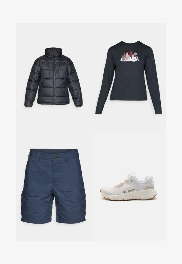 Musternatukamm, millel on kõrge krae, tikitud muster ja tõmblukuga esiosa. Sellel on kaks küljetaskut ja elastsed mansetid.; Pikend varrukatega tumehall särk, millel on punaste puude ja mägede graafika; "COLUMBIA" logo julge valge tekstiga. Pehme kangas, tavaline ümmargune kaelus.; Tumesinine cargo lühikesed püksid, mis on valmistatud kerge materjaliga ning millel on kaks küljetaskut, nupuga kinni ja relaxed fit (vaba lõige).; Kerged Columbia spordijalanõud valgest võrgust, millel on tekstureeritud hall tall ja kummist haardepind. Omaduseks on polsterdatud krae ja nööridega kinnitussüsteem.