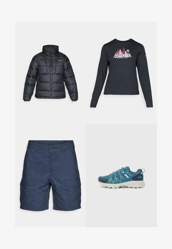 Sort pufferjakke med høj krave, quiltet mønster og lynlåsfront. Har to sidelommer og elastiske manchetter.; Langærmet mørkegrå skjorte med grafik af røde træer og bjerge; "COLUMBIA" logo i fed hvid tekst. Blødt stof, standard rund hals.; Marineblå cargo shorts lavet af letvægtsstof, der har to sidelommer, en knappelukning og en afslappet pasform.; Columbia PEAKFREAK™ II OUTDRY™ - Hikingsko - blue heron/skylight