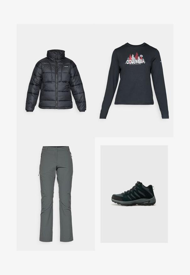 Musternatukamm, millel on kõrge krae, tikitud muster ja tõmblukuga esiosa. Sellel on kaks küljetaskut ja elastsed mansetid.; Pikend varrukatega tumehall särk, millel on punaste puude ja mägede graafika; "COLUMBIA" logo julge valge tekstiga. Pehme kangas, tavaline ümmargune kaelus.; Halli hallitus outdoor püksid, mis on valmistatud kergest ja tekstuuritud kangast; omaduseks on lukuga taskud ja keha järgi vormitud disain otse sääre lõikega.; Columbia REDMOND - Matkajalatsid - black/citron haze