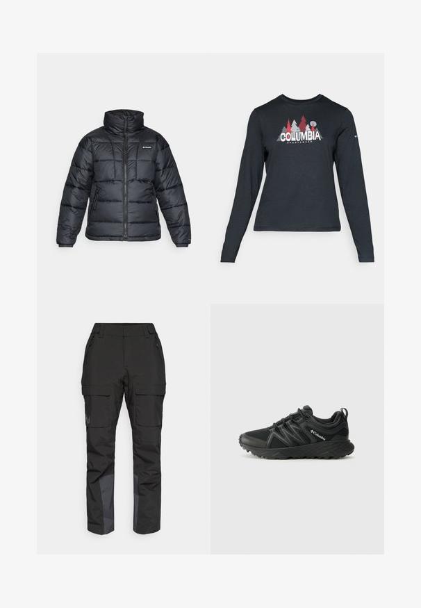 Casaco puffer preto com gola alta, padrão acolchoado e fecho éclair à frente. Apresenta dois bolsos laterais e punhos elásticos.; Camisa de mangas longas cinza escuro com um gráfico de árvores vermelhas e montanhas; logótipo "COLUMBIA" em texto branco em negrito. Tecido suave, cuello redondo padrão.; Calças cargo pretas multifuncionais com bolsos laterais e painéis inferiores reforçados numa tonalidade mais escura, apresentando uma textura suave e material durável.; Columbia PEAKFREAK - Sapatos de caminhada - black