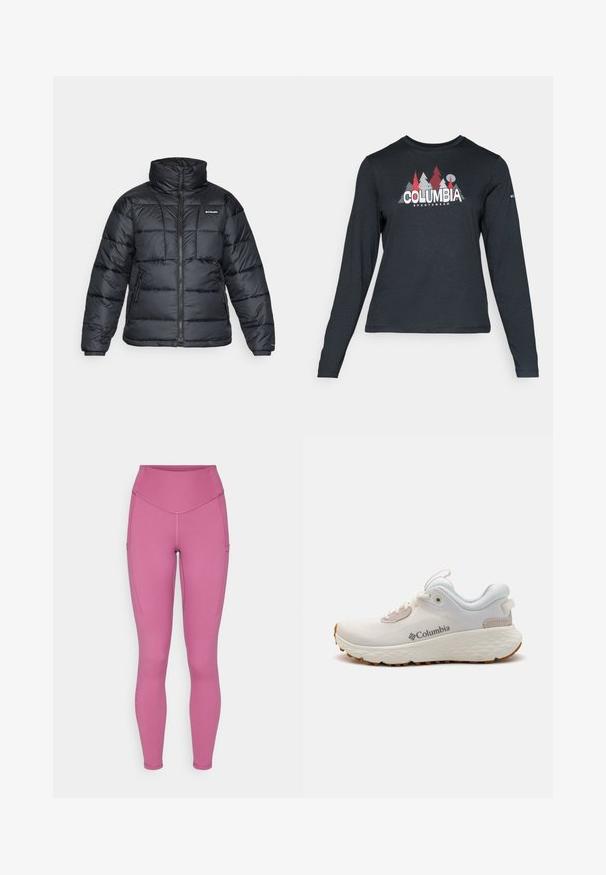 Musternatukamm, millel on kõrge krae, tikitud muster ja tõmblukuga esiosa. Sellel on kaks küljetaskut ja elastsed mansetid.; Pikend varrukatega tumehall särk, millel on punaste puude ja mägede graafika; "COLUMBIA" logo julge valge tekstiga. Pehme kangas, tavaline ümmargune kaelus.; Roosa legginsid elastsetest materjalist, kõrge vöökoht, küljetaskud ja kontrastsete õmbluste üksikasjad. Ühtlane pind kogu ulatuses.; Kerged Columbia spordijalanõud valgest võrgust, millel on tekstureeritud hall tall ja kummist haardepind. Omaduseks on polsterdatud krae ja nööridega kinnitussüsteem.