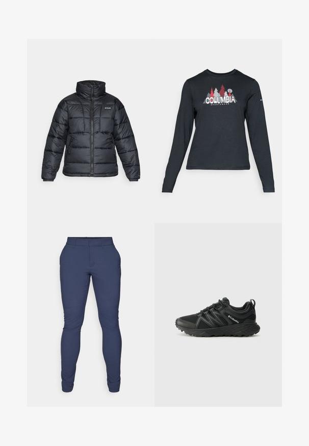 Musternatukamm, millel on kõrge krae, tikitud muster ja tõmblukuga esiosa. Sellel on kaks küljetaskut ja elastsed mansetid.; Pikend varrukatega tumehall särk, millel on punaste puude ja mägede graafika; "COLUMBIA" logo julge valge tekstiga. Pehme kangas, tavaline ümmargune kaelus.; Tumesinised, venivad püksid kitsas lõikega. Omavad lamedat esikülge, vööaasasid ja kitsenevaid sääriseid sujuva silueti saavutamiseks.; Columbia PEAKFREAK - Matkajalatsid - black