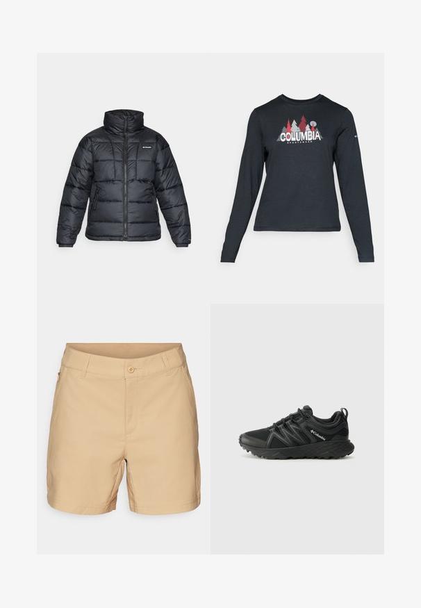 Chaqueta de plumas negra con cuello alto, patrón acolchado y cierre con cremallera. Cuenta con dos bolsillos laterales y puños elásticos.; Camisa de manga larga gris oscuro con un gráfico de árboles rojos y montañas; logo "COLUMBIA" en texto blanco en negrita. Tela suave, cuello redondo estándar.; Pantalones cortos beige de tejido suave con un frente plano, cierre de botón y un bolsillo con cremallera en el lateral. Presentan costuras cuidadas y un corte clásico.; Columbia PEAKFREAK - Zapatillas de senderismo - black