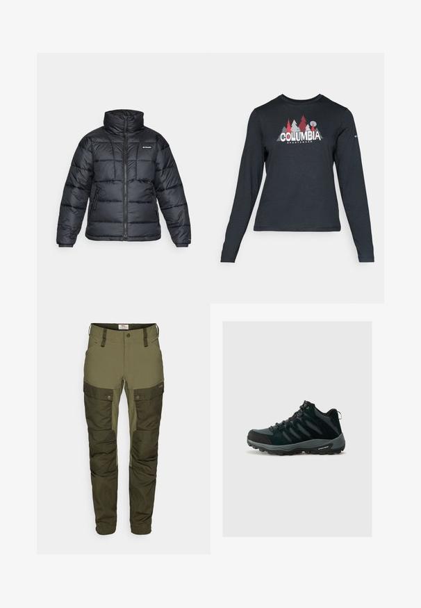 Melnā pūkainā jaka ar augstu apkakli, quilted rakstu un ar rāvējslēdzēju priekšpusi. Iezīmē divas sānu kabatas un elastīgas aproces.; Tumšs pelēks krekls ar garām piedurknēm, ar grafiku, kurā attēloti sarkani koki un kalni; "COLUMBIA" logo treknā baltā tekstā. Mīksta auduma, standarta apaļa kakla izgriezums.; Zaļas āra bikses, kas izgatavotas no izturīga materiāla, ar kravas kabatām, pieguļošu augšdaļu un faktūras variācijām uz apakšējām kājām.; Columbia REDMOND - Pārgājienu apavi - black/citron haze