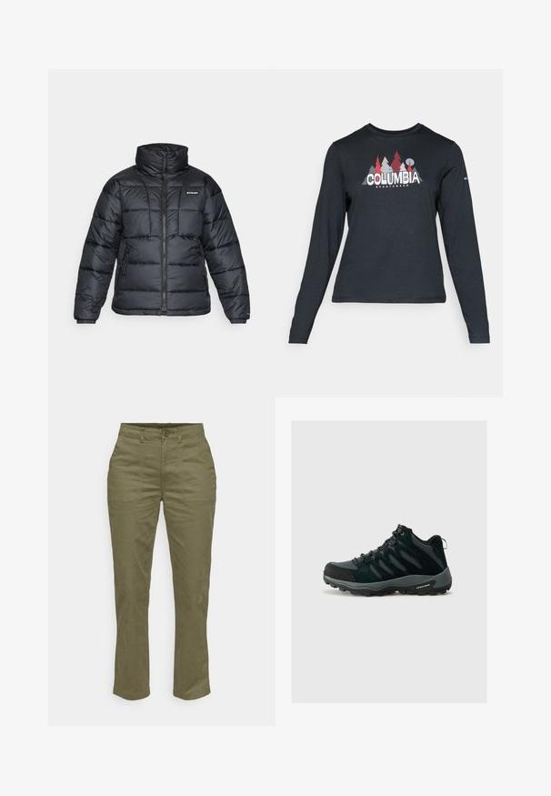 Fekete puffermellény magas gallérral, steppelt mintával és cipzáras elülső résszel. Két oldalsó zsebe és rugalmas mandzsettái vannak.; Hosszú ujjú, sötétszürke ing piros fákkal és hegyekkel díszítve; a "COLUMBIA" logó vastag fehér betűkkel. Puha anyag, klasszikus kerek nyakkivágás.; Olíva zöld pamut nadrág egyenes szárú kialakítással, elülső gombos záródással, két oldalsó zsebbel és megerősített varrásokkal.; Columbia REDMOND - Túracipők - black/citron haze