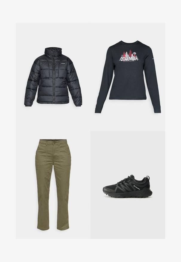 Juodas pūkuotas švarkas su aukštu apykakle, išsiuvinėtu raštu ir užtrauktuku priekyje. Yra dvi šoninės kišenės ir elastingi rankogaliai.; Ilga rankovė tamsiai pilka marškinėliai su raudonų medžių ir kalnų grafika; drąsaus baltos spalvos teksto "COLUMBIA" logotipas. Minkšta medžiaga, standartinis apvalus kaklas.; Alyvinės žalios medvilnės kelnės su tiesia koja, su priekinio mygtuko uždarymu, dviem šoninėmis kišenėmis ir sustiprintomis siūlėmis.; Columbia PEAKFREAK - Turistiniai batai - black