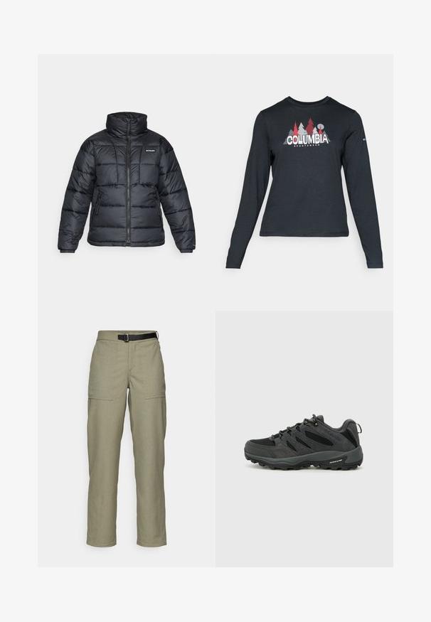 Mustat puffatakit, joissa on korkea kaulus, päivitysympäristö ja vetoketjullinen etuosa. Varustettu kahdella sivutaskulla ja joustavilla hihansuilla.; Tummanharmaa pitkähihaisen paidan graafinen kuva punaisista puista ja vuorista; "COLUMBIA" -logo lihavoituna valkoisella tekstillä. Pehmeä kangas, normaali pyöreä kaula-aukko.; Khaki-housut, jotka on tehty rakenteellisesta kankaasta, suoranlahkeiset, joissa on kaksi etutaskua ja musta vyö vyötäröllä.; Columbia REDMOND - Vaelluskengät - black/citron haze