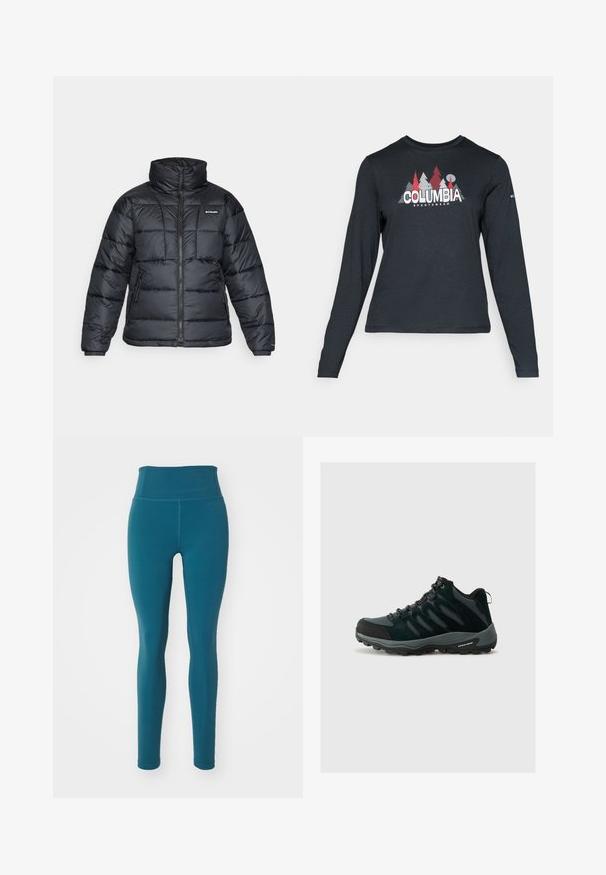 Mustat puffatakit, joissa on korkea kaulus, päivitysympäristö ja vetoketjullinen etuosa. Varustettu kahdella sivutaskulla ja joustavilla hihansuilla.; Tummanharmaa pitkähihaisen paidan graafinen kuva punaisista puista ja vuorista; "COLUMBIA" -logo lihavoituna valkoisella tekstillä. Pehmeä kangas, normaali pyöreä kaula-aukko.; Girlfriend Collective FLOAT LEGGING LONG - Trikoot - dark ixia; Columbia REDMOND - Vaelluskengät - black/citron haze