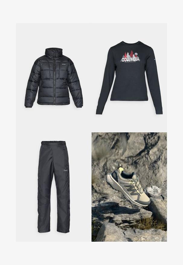 Črna pihasta jakna z visokim ovratnikom, prešitimi vzorci in zadrgo spredaj. Ima dve stranski žepki in elastične manšete.; Majica z dolgimi rokavi temno siva z grafiko rdečih dreves in gora; logotip "COLUMBIA" v krepki beli barvi. Mehka tkanina, standarden krojen ovratnik.; Berghaus DELUGE 2.0 - Hlače za na prostem - black; Columbia teka za tek po poteh v svetlobni bež in sivi barvi. Mrežasti zgornji del z teksturiranimi detajli, gumijast podplat in odsevni aksesoriji. Lahka zasnova.