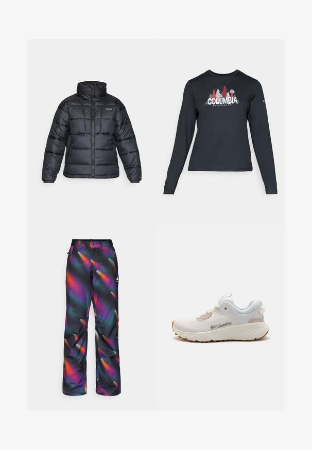 Schwarze Pufferjacke mit hohem Kragen, gestepptem Muster und Reißverschluss vorne. Hat zwei Seitentaschen und elastische Ärmelabschlüsse.; Dunkelgraues Langarmshirt mit einem Grafikdesign von roten Bäumen und Bergen; das "COLUMBIA"-Logo in fett weißer Schrift. Weicher Stoff, klassischer Rundhalsausschnitt.; Skihose in schwarzem Grundton mit einem mehrfarbigen, wirbelnden Muster in Nuancen von Lila, Orange und Türkis; verfügt über ein Logo auf dem oberen linken Bein.; Leichter Columbia Sportschuh aus weißem Mesh mit einer strukturierten grauen Sole und Gummitraktion. Verfügt über einen gepolsterten Kragen und ein Schnürdesign.