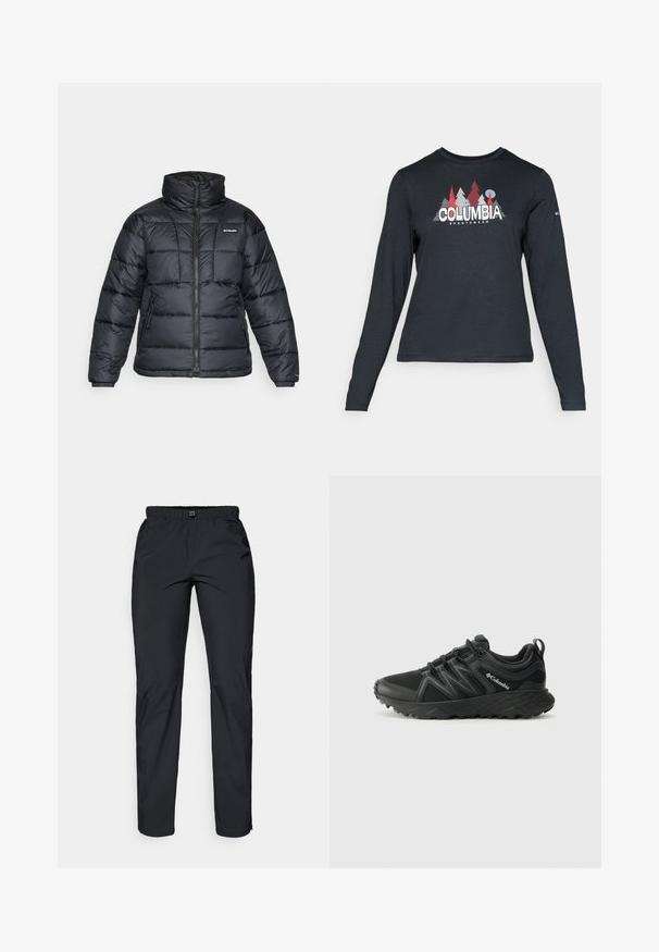 Black puffer jacket with high collar, quilted pattern, and zippered front. Features two side pockets and elastic cuffs.; Long-sleeve dark gray shirt with a graphic of red trees and mountains; "COLUMBIA" logo in bold white text. Soft fabric, standard crew neck.; Black, lightweight, water-resistant pants with an elastic waistband and two side pockets; smooth texture; straight-leg design.; Columbia PEAKFREAK - Hiking shoes - black
