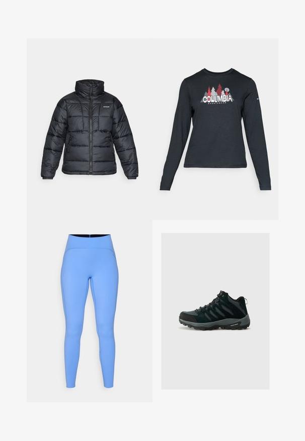 Černá prošívaná bunda s vysokým límcem, prošívaným vzorem a zipovým zapínáním. Obsahuje dvě boční kapsy a elastické manžety.; Tmavě šedá dlouhá košile s grafikou červených stromů a hor; logo "COLUMBIA" v tučném bílém písmu. Měkká tkanina, standardní kulatý výstřih.; Modré legíny vyrobené z elastické tkaniny s vysokým pasem, hladkým povrchem a kontrastními švy podél stran.; Columbia REDMOND - Trekingové boty - black/citron haze