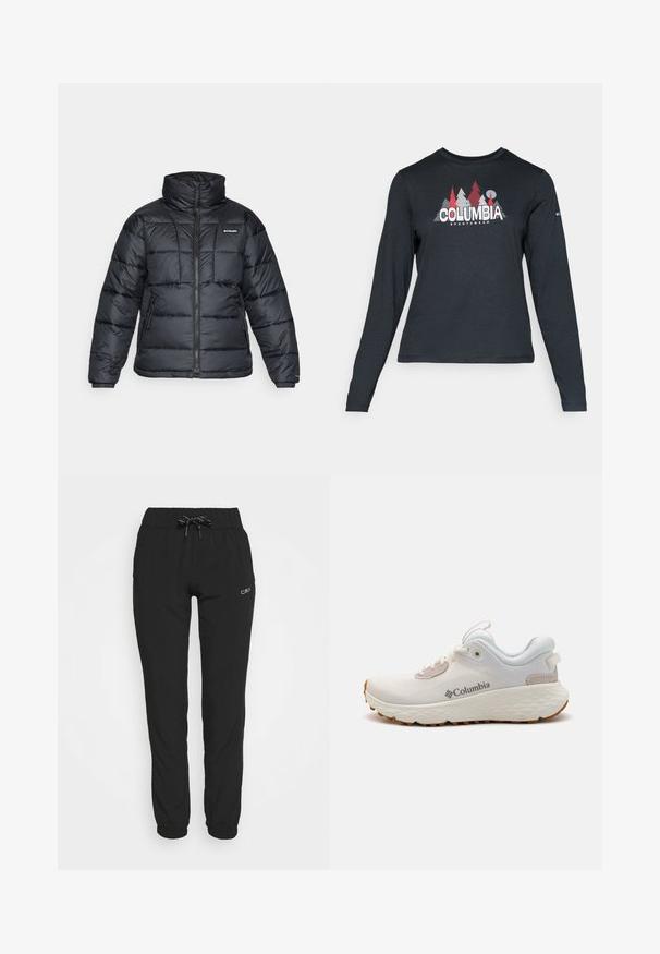 Svart dunjakke med høy krage, kviltet mønster og glidelås foran. Har to sidelommer og elastiske mansjetter.; Langermet mørkegrå skjorte med grafikk av røde trær og fjell; "COLUMBIA" logo i fet hvit tekst. Mykt stoff, standard rund hals.; Sorte joggebukser med elastisk midjebånd og snøring, med smale ben og elastiske mansjetter. Laget av glatt, lett stoff.; Lettvekts Columbia treningssko i hvit mesh med en teksturert grå såle og gummitraction. Har en polstret krage og snøring.