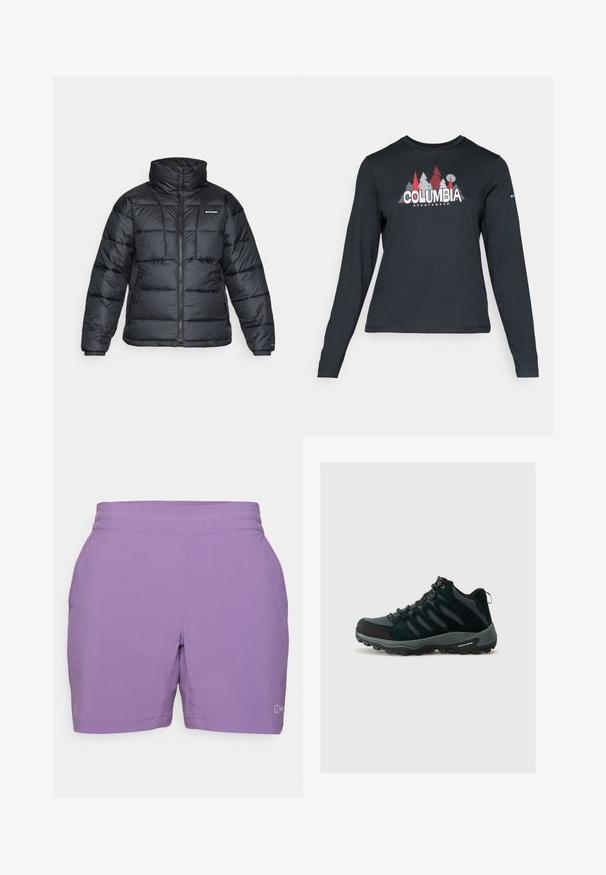 Mustat puffatakit, joissa on korkea kaulus, päivitysympäristö ja vetoketjullinen etuosa. Varustettu kahdella sivutaskulla ja joustavilla hihansuilla.; Tummanharmaa pitkähihaisen paidan graafinen kuva punaisista puista ja vuorista; "COLUMBIA" -logo lihavoituna valkoisella tekstillä. Pehmeä kangas, normaali pyöreä kaula-aukko.; Violet urheiluhaalari, jossa on joustava vyötärö, sivutaskut ja sileä pinta. Suora leikkaus, jossa on hienovaraisia ompeluyksityiskohtia.; Columbia REDMOND - Vaelluskengät - black/citron haze