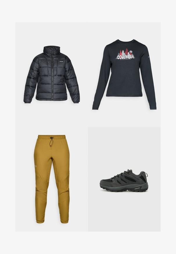 Melnā pūkainā jaka ar augstu apkakli, quilted rakstu un ar rāvējslēdzēju priekšpusi. Iezīmē divas sānu kabatas un elastīgas aproces.; Tumšs pelēks krekls ar garām piedurknēm, ar grafiku, kurā attēloti sarkani koki un kalni; "COLUMBIA" logo treknā baltā tekstā. Mīksta auduma, standarta apaļa kakla izgriezums.; Vieglie, sinepju krāsas bikses, izgatavotas no sintētiskā auduma, ar elastīgu jostu un sašaurinātiem kājiem, kas aprīkoti ar paneļu detaļām.; Columbia REDMOND - Pārgājienu apavi - black/citron haze