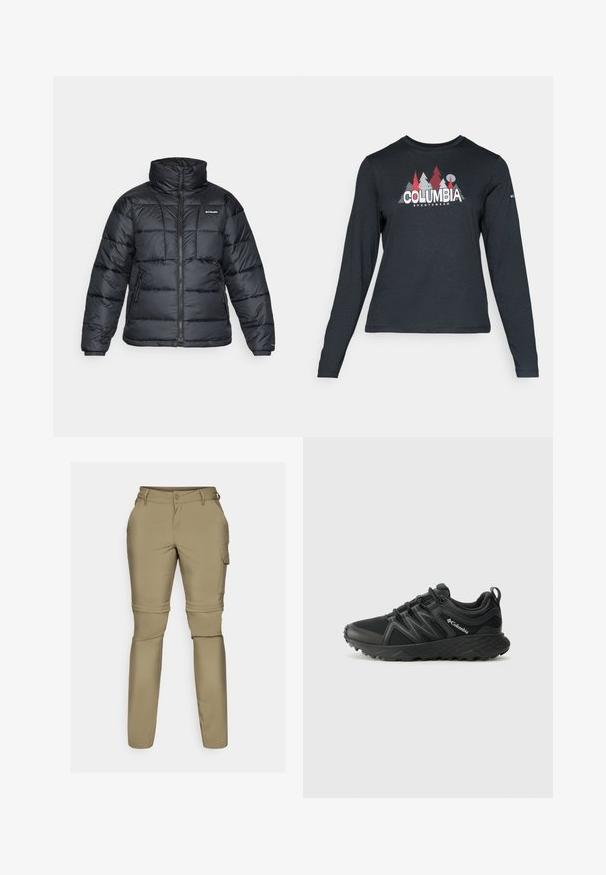 Musternatukamm, millel on kõrge krae, tikitud muster ja tõmblukuga esiosa. Sellel on kaks küljetaskut ja elastsed mansetid.; Pikend varrukatega tumehall särk, millel on punaste puude ja mägede graafika; "COLUMBIA" logo julge valge tekstiga. Pehme kangas, tavaline ümmargune kaelus.; Beez, kerge, reguleeritavad kaubapüksid, millel on eemaldatavad säärised, nööpidega sulgemine ja küljetaskud mugavuse jaoks. Sile, veniv kangas.; Columbia PEAKFREAK - Matkajalatsid - black