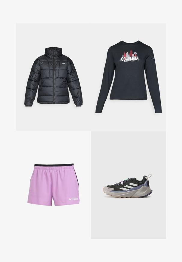 Chaqueta de plumas negra con cuello alto, patrón acolchado y cierre con cremallera. Cuenta con dos bolsillos laterales y puños elásticos.; Camisa de manga larga gris oscuro con un gráfico de árboles rojos y montañas; logo "COLUMBIA" en texto blanco en negrita. Tela suave, cuello redondo estándar.; Shorts deportivos de color púrpura claro con una cinturilla elástica negra, bolsillos laterales y un logotipo blanco de "TERREX" en la parte inferior izquierda delantera.; Zapatilla deportiva negra con parte superior de Gore-Tex, rayas blancas, acentos morados, entresuela gris gruesa y suela exterior texturizada gris para agarre.