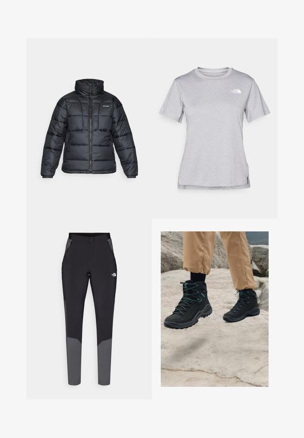 Schwarze Pufferjacke mit hohem Kragen, gestepptem Muster und Reißverschluss vorne. Hat zwei Seitentaschen und elastische Ärmelabschlüsse.; Graues T-Shirt mit kurzen Ärmeln aus weichem, feuchtigkeitsableitendem Stoff. Hat einen Rundhalsausschnitt und ein kleines weißes Logo auf der oberen linken Seite.; Schwarze Outdoor-Hosen mit grauen Akzenten, ausgestattet mit einem engen Schnitt, elastischem Bund, Reißverschlusstaschen und strapazierfähigem, leichtem Material.; Schwarze Wanderschuhe aus strukturiertem Material, robustes Design, blaue Akzentdetails und langlebige Sohle, auf felsigem Gelände platziert.
