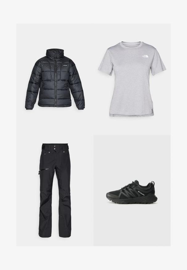 Black puffer jacket with high collar, quilted pattern, and zippered front. Features two side pockets and elastic cuffs.; Grey short-sleeve t-shirt made of soft, moisture-wicking fabric. Features a crew neck and a small white logo on the upper left.; Black outdoor pants made of water-resistant material, featuring a zippered side pocket and adjustable waistband for a secure fit.; Columbia PEAKFREAK - Hiking shoes - black