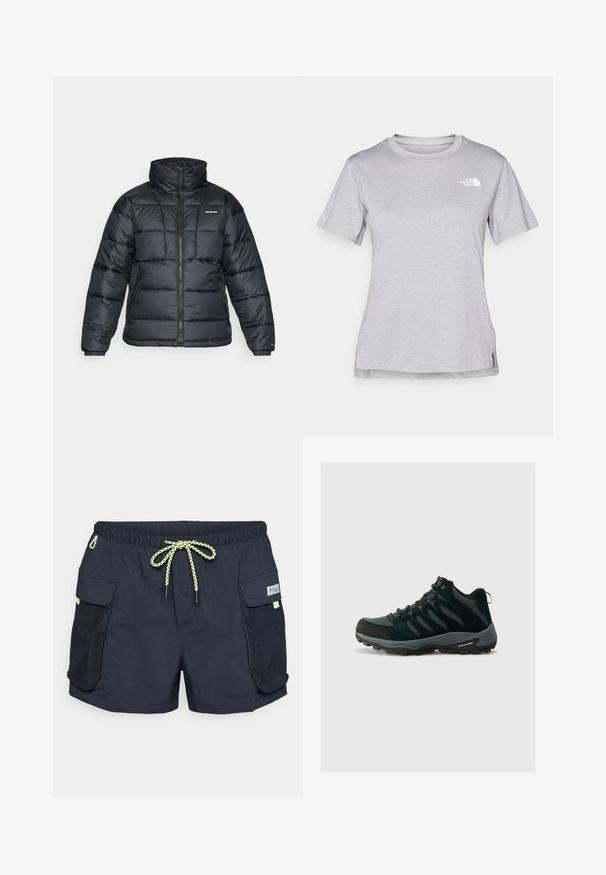 Sort pufferjakke med høj krave, quiltet mønster og lynlåsfront. Har to sidelommer og elastiske manchetter.; Grå kortærmet T-shirt lavet af blødt, fugttransporterende materiale. Har en rund hals og et lille hvidt logo øverst til venstre.; Mørkeblå svømmedragt med snor i taljen, mesh sidelommer og en glat tekstur. Har et logo-tags på forsiden til højre.; Columbia REDMOND - Hikingsko - black/citron haze