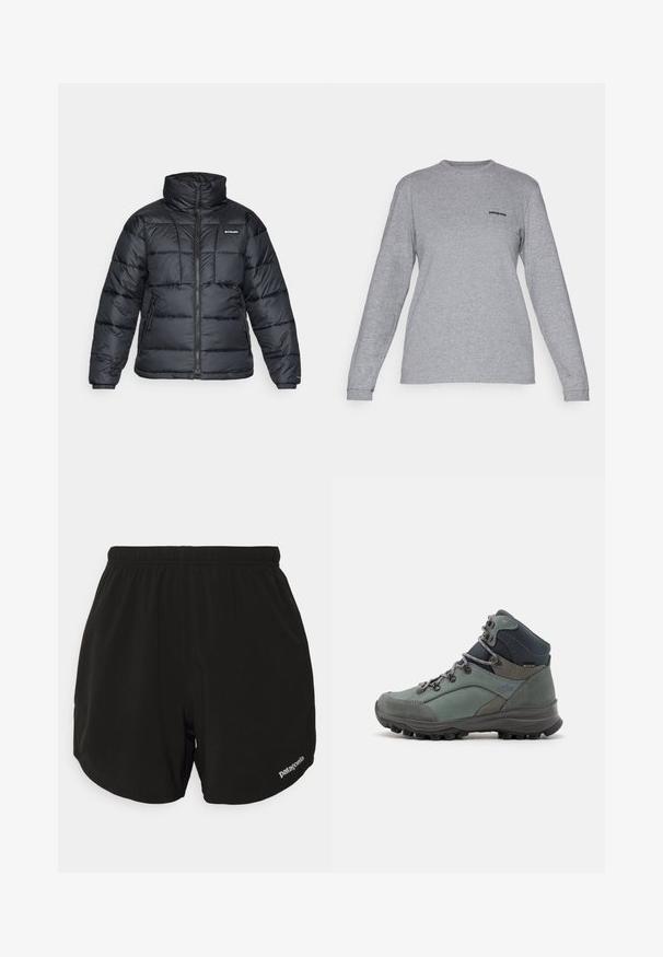 Jachetă pufată neagră cu guler înalt, model matlasat și închidere cu fermoar. Dispune de două buzunare laterale și manșete elastice.; Patagonia LOGO RESPONSIBILI-TEE - Bluză cu mânecă lungă - gravel heather; Șorturi atletice negre cu talie elastică, având un tiv curbat, buzunare laterale și un mic logo alb "Patagonia" în partea dreaptă inferioară.; Bocanci verzi de drumeție cu accente gri și o talpă din cauciuc negru. Caracteristicile includ un guler căptușit, șireturi rotunde și un material superior texturat.