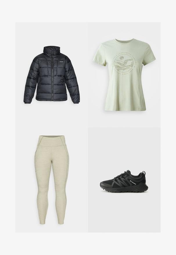 Casaco puffer preto com gola alta, padrão acolchoado e fecho éclair à frente. Apresenta dois bolsos laterais e punhos elásticos.; T-shirt de manga curta verde claro com uma gráfica circular em bege, retratando montanhas, um rio e o sol. Tecido macio com decote redondo.; Leggings atléticos cinza claro com uma cintura alta, material texturizado, costura suave e detalhe de bolso lateral. Design ajustado em toda a peça.; Columbia PEAKFREAK - Sapatos de caminhada - black