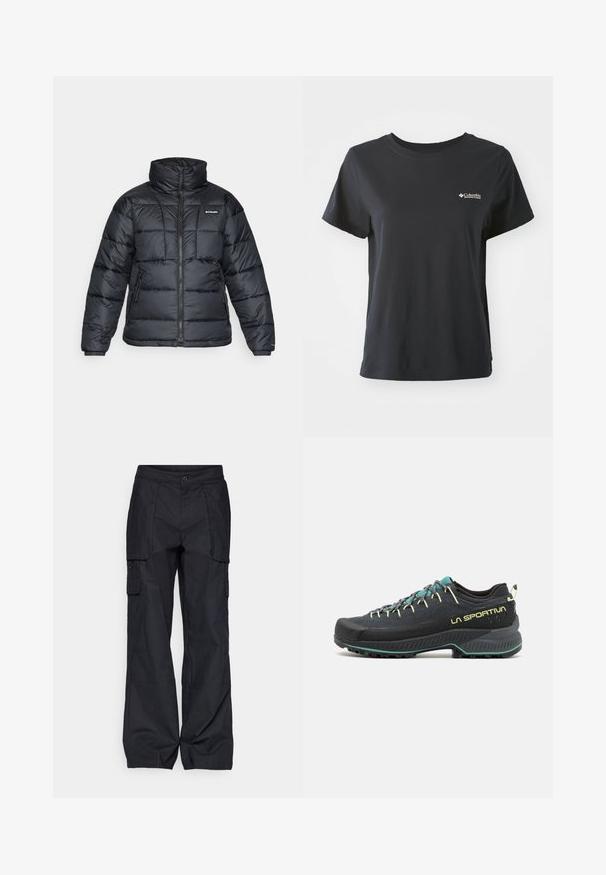 Svart dunjakke med høy krage, kviltet mønster og glidelås foran. Har to sidelommer og elastiske mansjetter.; Svart bomull t-skjorte med korte ermer, rund halslinning og lite hvitt Columbia Sportswear-logo på venstre brystområde.; Columbia BREA FALLS™ COTTON RIPSTOP PANT - Friluftsbukser - black; Svart turbotsko med akvamarin- og gule detaljer. Har en texturert overdel, polstret såle og en slitesterk gummisåle for grep.