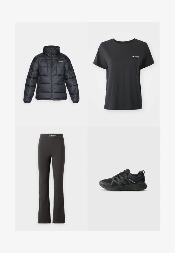 Fekete puffermellény magas gallérral, steppelt mintával és cipzáras elülső résszel. Két oldalsó zsebe és rugalmas mandzsettái vannak.; Fekete pamut póló rövid ujjakkal, kerek nyakkivágással és kis fehér Columbia Sportswear logóval a bal mellrészen.; Fekete, bő szabású nadrág rugalmas anyagból, sima felülettel. Széles derékpántja van a tetején logós részletekkel.; Columbia PEAKFREAK - Túracipők - black