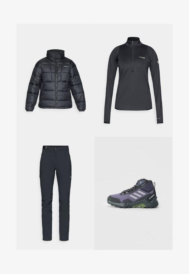 Jachetă pufată neagră cu guler înalt, model matlasat și închidere cu fermoar. Dispune de două buzunare laterale și manșete elastice.; Pulover sportiv lung cu mânecă lungă Columbia Titanium de culoare neagră, cu fermoar la jumătate și branding Omni-Heat pe manșeta din stânga.; Pantaloni de exterior pentru bărbați, gri închis, fabricați dintr-un material flexibil, cu un brâu, buzunare cu fermoar și cusături consolidate.; Pantof de drumeție purpuriu și negru cu un superior texturat, accente gri și talpă verde, având sistem de închidere cu șireturi și un model de batere robust.