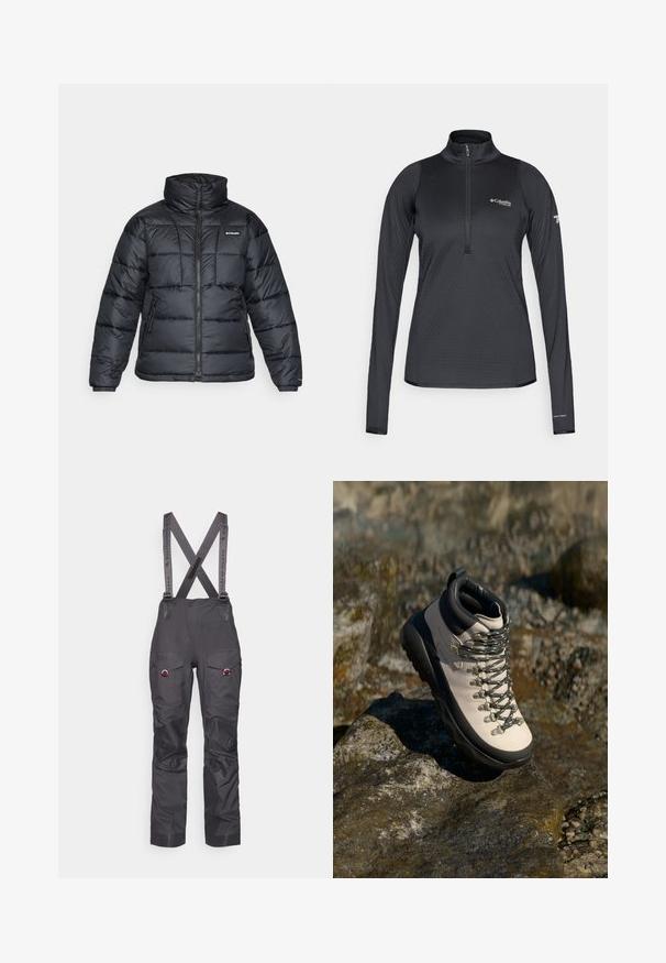 Schwarze Pufferjacke mit hohem Kragen, gestepptem Muster und Reißverschluss vorne. Hat zwei Seitentaschen und elastische Ärmelabschlüsse.; Schwarzer Columbia Titanium Langarm-Sportpullover mit Viertelreißverschluss und Omni-Heat-Branding am linken Ärmelbund.; Schwarze wasserdichte Skihosen mit verstellbaren Trägern, verstärkten Knien, mehreren Taschen und kontrastierenden grauen Riemen. Robuste Stofftextur.; Hellbeige Wanderschuhe mit einer schwarzen Gummisohle, flexiblem Obermaterial, Metallösen und grauen Schnürsenkeln, platziert auf einer felsigen Oberfläche.