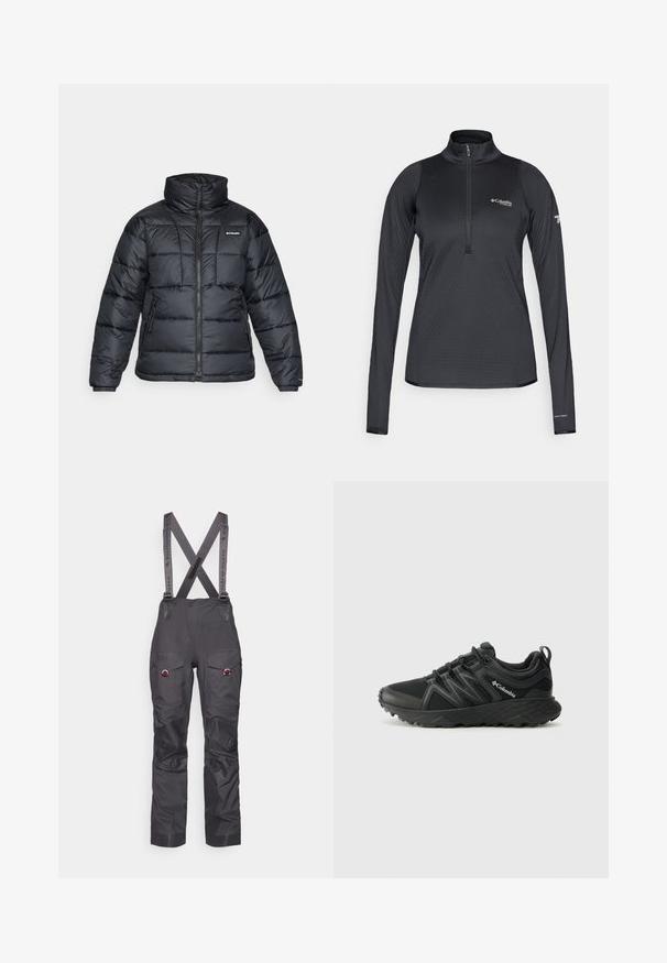 Crna puffa jakna s visokim ovratnikom, kvadratnim uzorkom i zatvaračem sprijeda. Ima dva bočna džepa i elastične manžete.; Crni Columbia Titanium dugih rukava atletski pulover s četvrtim rajsferšlusom i Omni-Heat oznakom na manžeti lijevog rukava.; Crne vodootporne skijaške hlače s podesivim naramenicama, ojačanim koljenima, višestrukim džepovima i kontrastnim sivoj trakama. Izdržljiv materijal.; Columbia PEAKFREAK - Obuća za pješačenje - black