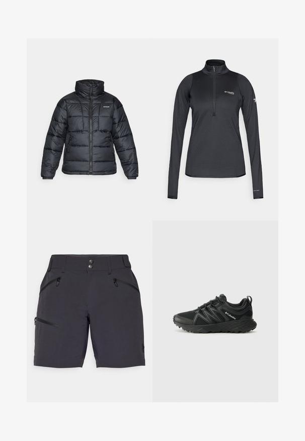 Black puffer jacket with high collar, quilted pattern, and zippered front. Features two side pockets and elastic cuffs.; Black Columbia Titanium long-sleeve athletic pullover with quarter-zip and Omni-Heat branding on the left sleeve cuff.; Dark gray shorts made of lightweight material, featuring two zippered side pockets and two metal button closures at the waist.; Columbia PEAKFREAK - Hiking shoes - black