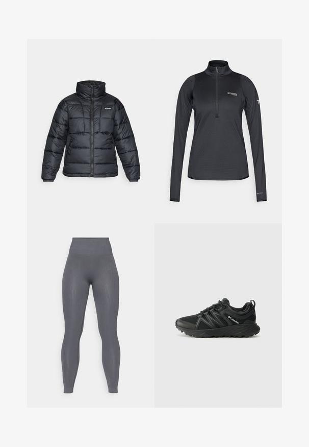 Black puffer jacket with high collar, quilted pattern, and zippered front. Features two side pockets and elastic cuffs.; Black Columbia Titanium long-sleeve athletic pullover with quarter-zip and Omni-Heat branding on the left sleeve cuff.; Gray ribbed leggings with a high waistband, fitted shape, and textured fabric. No visible patterns or hardware details.; Columbia PEAKFREAK - Hiking shoes - black