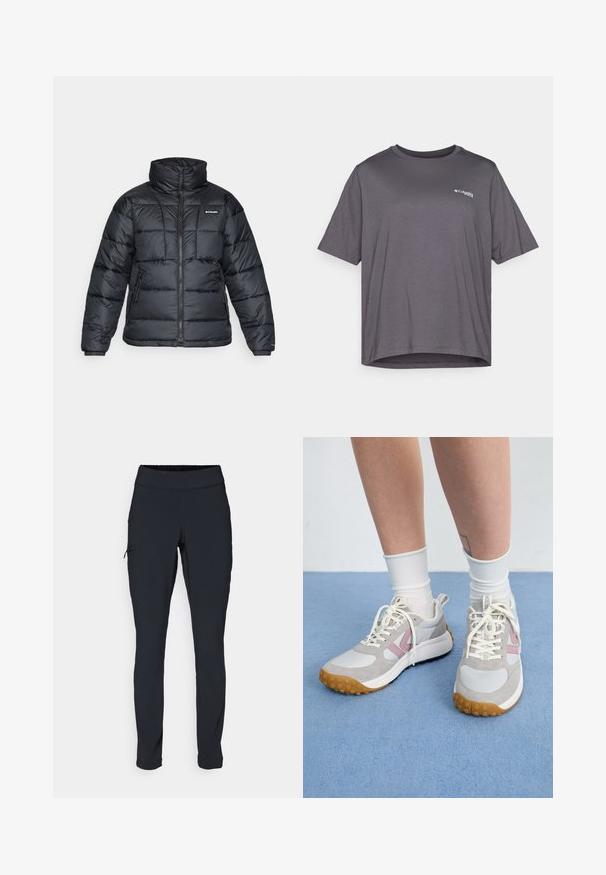 Musternatukamm, millel on kõrge krae, tikitud muster ja tõmblukuga esiosa. Sellel on kaks küljetaskut ja elastsed mansetid.; Lühikeste varrukatega hall T-särk, mis on valmistatud siledast kangast. Omab ümarat kaelust ja väikest logo trükituna rinnal.; Mustad mustad sportpüksid kitsaste lõikega, elastse vöökoha ja küljetaskuga, millel on tõmblukk. Sile, veniv kangas minimaalsete õmblustega.; Heledad hallid spordijalatsid roosa aksentide, valgete nahkpaneelide ja tekstureeritud kummitaldadega. Kirjad on kreemjad ja sokid on valged.