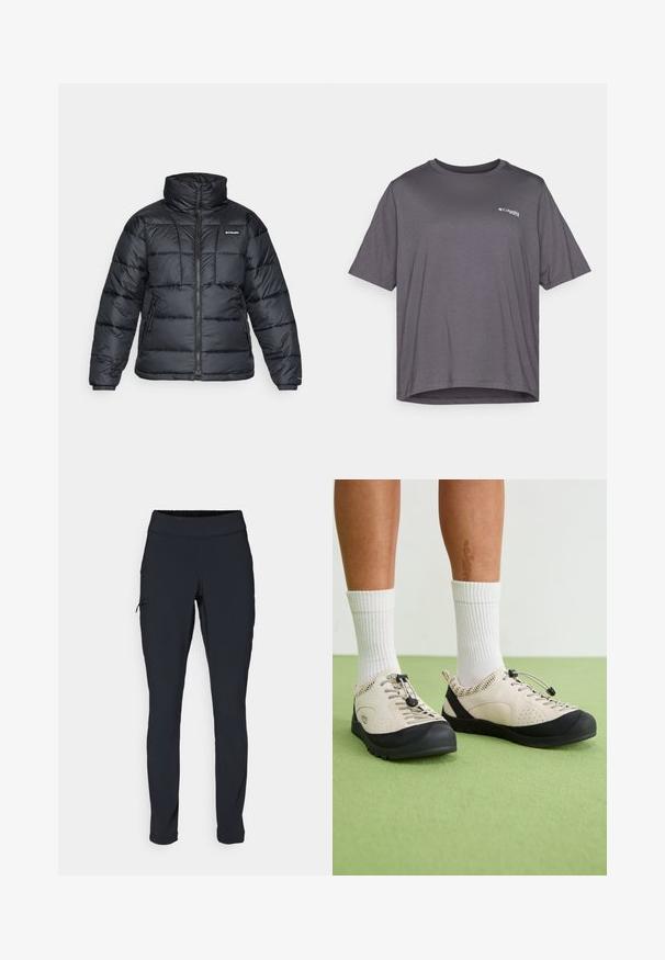 Musternatukamm, millel on kõrge krae, tikitud muster ja tõmblukuga esiosa. Sellel on kaks küljetaskut ja elastsed mansetid.; Lühikeste varrukatega hall T-särk, mis on valmistatud siledast kangast. Omab ümarat kaelust ja väikest logo trükituna rinnal.; Mustad mustad sportpüksid kitsaste lõikega, elastse vöökoha ja küljetaskuga, millel on tõmblukk. Sile, veniv kangas minimaalsete õmblustega.; Bežid jalanõud mustade aktsentidega, niisked külgpaneelid ja kindel paela klamber. Paksud kummitaldad mustrilise tallaga. Kanda valgete sokkide abil.