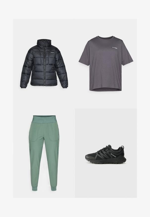 Čierna bundová izolácia s vysokým golierom, prešívaný vzor a zipsovým predným zapínaním. Obsahuje dve bočné vrecká a elastické manžety.; Šedé tričko s krátkym rukávom vyrobené z hladkej látky. Má okrúhly výstrih a malé logo potlačené na hrudníku.; Zelené športové nohavice so širokým pásom, elastickými manžetami a dvoma bočnými vreckami. Hladký materiál, priznaný strih a minimálne švy.; Columbia PEAKFREAK - Turistické topánky - black
