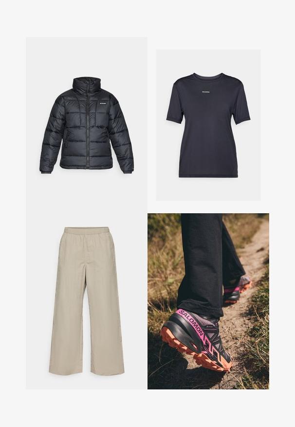 Black puffer jacket with high collar, quilted pattern, and zippered front. Features two side pockets and elastic cuffs.; Black short-sleeve athletic t-shirt made from lightweight fabric, featuring a round neckline and a small branded logo on the front.; Wide-leg trousers in light beige fabric with an elastic waistband, smooth texture, and no visible hardware or patterns.; Salomon SPEEDCROSS 6 GTX - Trail running shoes - moonscape/black/bird of paradise