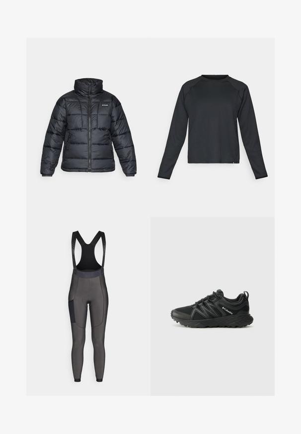 Czarna puchowa kurtka z wysokim kołnierzem, pikowanym wzorem i zamek błyskawiczny z przodu. Posiada dwie boczne kieszenie i elastyczne mankiety.; Czarna koszulka z długim rękawem o teksturowanej, prążkowanej tkaninie. Posiada okrągły dekolt i zaokrąglony dół, idealna do aktywności fizycznej.; Bib-style spodenki rowerowe w ciemnoszarym kolorze. Wykonane z elastycznego materiału, posiadające wyściółkę, siateczkowe ramiączka oraz boczną kieszeń. Gładka tekstura.; Columbia PEAKFREAK czarny