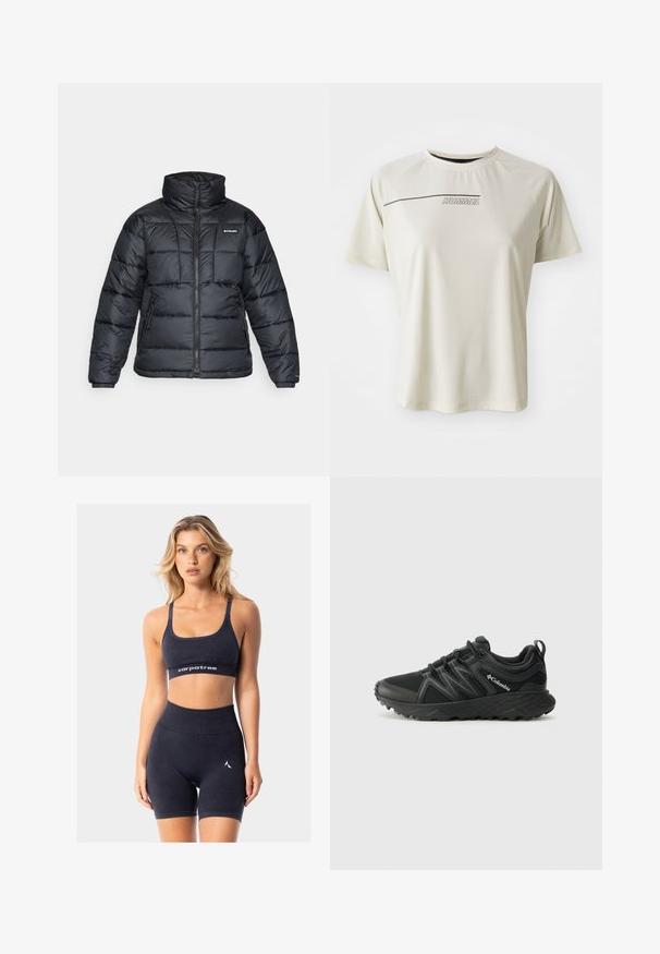 Čierna bundová izolácia s vysokým golierom, prešívaný vzor a zipsovým predným zapínaním. Obsahuje dve bočné vrecká a elastické manžety.; Svetlý béžový tričko s krátkym rukávom a rebrovanou textúrou. Obsahuje športový dizajn a tmavo hnedé logo "HUMMEL" naprieč hrudníkom.; Čierny športový crop top s nastaviteľnými ramienkami a logovým pásom. Skombinovaný s ladiacimi šortkami s vysokým pásom, ktoré majú malý akcent loga.; Columbia PEAKFREAK - Turistické topánky - black
