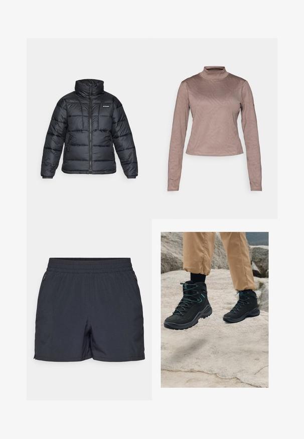 Musternatukamm, millel on kõrge krae, tikitud muster ja tõmblukuga esiosa. Sellel on kaks küljetaskut ja elastsed mansetid.; Columbia GRANITE POINT™ - Pikkade varrukatega topp - iron; Tumedatest hallist kangast lühikesed püksid, mis on valmistatud kergest materjalist, elastse vöökohtaga, küljetaskute ja lukudega ning sirge lõikega.; Mustad musta värvi matka-saapad tekstuuriga materjaliga, vastupidav disain, sinised aktsendid ja kestvad tallad, paigutatud kivistele aladele.