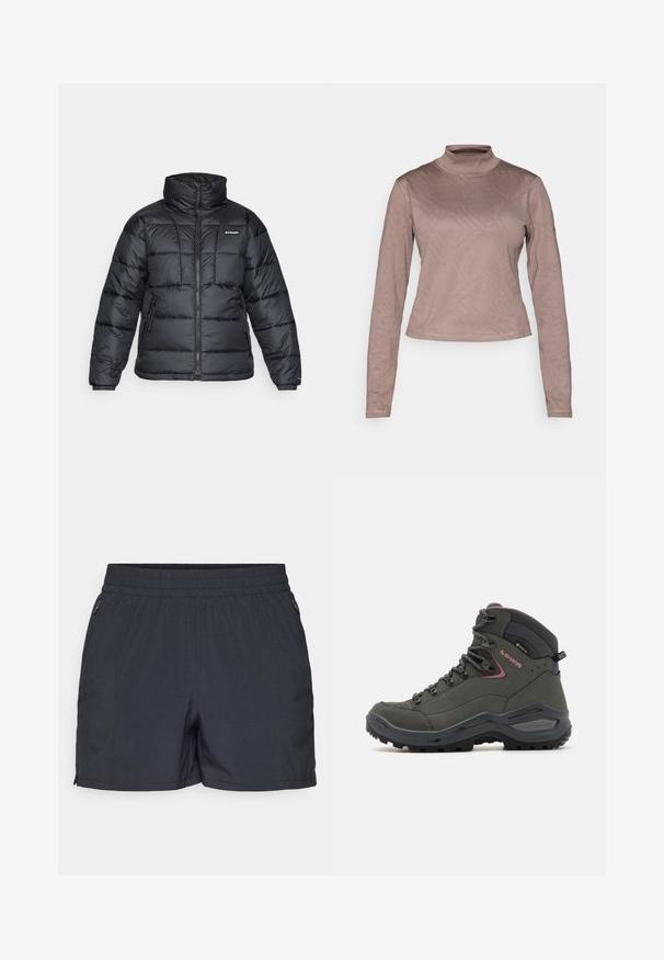 Musternatukamm, millel on kõrge krae, tikitud muster ja tõmblukuga esiosa. Sellel on kaks küljetaskut ja elastsed mansetid.; Columbia GRANITE POINT™ - Pikkade varrukatega topp - iron; Tumedatest hallist kangast lühikesed püksid, mis on valmistatud kergest materjalist, elastse vöökohtaga, küljetaskute ja lukudega ning sirge lõikega.; Roheline matkajalats kõrge pahkluuga disain, nahast ja sünteetilisest materjalist, kummist tallaga ning metallist silmadega nööride jaoks. Minimalistlikud aksessuaarid.