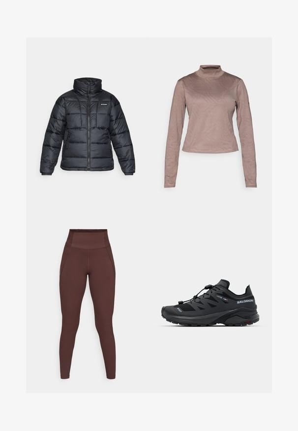 Juodas pūkuotas švarkas su aukštu apykakle, išsiuvinėtu raštu ir užtrauktuku priekyje. Yra dvi šoninės kišenės ir elastingi rankogaliai.; Columbia GRANITE POINT™ - Ilgarankovis viršutinės dalies drabužis - iron; Aukštos liemens, tamsiai rudos, visiškai ilgos legging'os su matomais siūlių detalėmis ir šoninėmis kišenėmis prieš paprastą foną.; Juodas sportinis batelis, pagamintas iš kvėpuojančios medžiagos ir gumos. Pasižymi elegantišku dizainu, greito veržimo sistema ir tekstūruotu padu geresniam sukibimui.