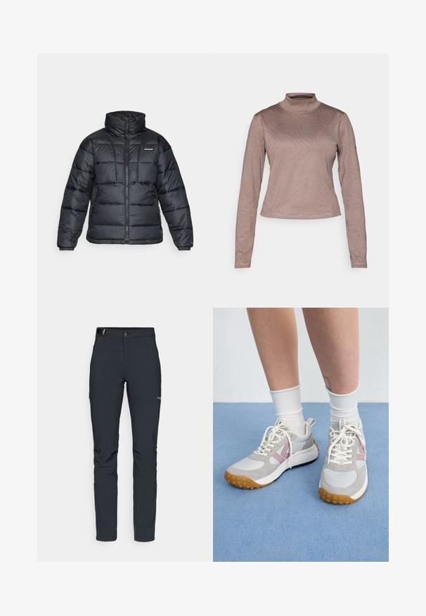 Black puffer jacket with high collar, quilted pattern, and zippered front. Features two side pockets and elastic cuffs.; Columbia GRANITE POINT™ - Long sleeved top - iron; Men's outdoor pants, dark gray, made from flexible material, featuring a belt, zippered pockets, and reinforced stitching.; Light gray sneakers with pink accents, white leather panels, and a textured rubber sole. Laces are cream, and socks are white.