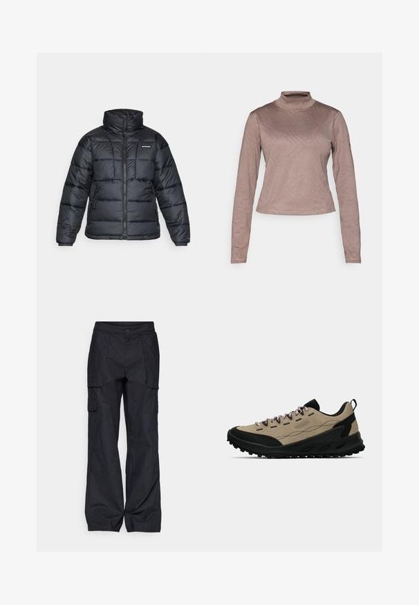 Casaco puffer preto com gola alta, padrão acolchoado e fecho éclair à frente. Apresenta dois bolsos laterais e punhos elásticos.; Columbia GRANITE POINT™ - Camisola de manga comprida - iron; Columbia BREA FALLS™ COTTON RIPSTOP PANT - Calças para exterior - black; Sapatilha de hiking de cano baixo em bege e preto, com sola robusta, atacadores rosa e alça na parte de trás, projetada para uso ao ar livre.