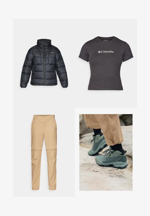 Chaqueta de plumas negra con cuello alto, patrón acolchado y cierre con cremallera. Cuenta con dos bolsillos laterales y puños elásticos.; Camiseta de manga corta en gris oscuro, hecha de un tejido texturizado con cuello redondo, que presenta un logo blanco de Columbia en el pecho.; Pantalones cargo beige desmontables con un frente plano, cierre de botón y piernas ajustadas. Fabricados con un tejido ligero de textura suave.; Zapatos de exterior Mammut en verde apagado con parte superior texturizada, acentos amarillos y suela negra resistente. Diseño duradero para actividades al aire libre.