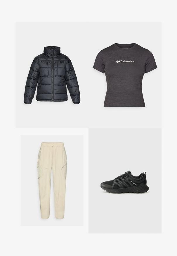Svart dunjakke med høy krage, kviltet mønster og glidelås foran. Har to sidelommer og elastiske mansjetter.; Mørk grå kortermet t-skjorte laget av teksturert stoff med rund hals, med en hvit Columbia-logo over brystet.; Lys beige cargo bukser med elastisk liv, glidelåslommer og paneldetaljer. Laget av et glatt, lett stoff.; Columbia PEAKFREAK - Fjellsko - black