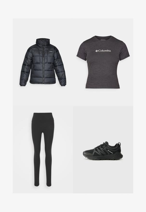 Czarna puchowa kurtka z wysokim kołnierzem, pikowanym wzorem i zamek błyskawiczny z przodu. Posiada dwie boczne kieszenie i elastyczne mankiety.; Czarna szara koszulka z krótkim rękawem z teksturowanej tkaniny, z okrągłym dekoltem, z białym logo Columbia na piersi.; Czarne legginsy z wysokim stanem, wykonane z gładkiego, elastycznego materiału. Charakteryzują się dopasowanym krojem i pełną długością nogawek.; Columbia PEAKFREAK czarny