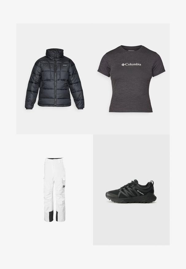 Chaqueta de plumas negra con cuello alto, patrón acolchado y cierre con cremallera. Cuenta con dos bolsillos laterales y puños elásticos.; Camiseta de manga corta en gris oscuro, hecha de un tejido texturizado con cuello redondo, que presenta un logo blanco de Columbia en el pecho.; Pantalones de esquí blancos con detalles en negro, fabricados con material impermeable. Presentan bolsillos tipo cargador y un diseño de pierna recta. Logo en el muslo izquierdo.; Columbia PEAKFREAK - Zapatillas de senderismo - black