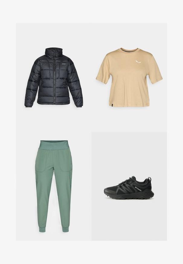 Fekete puffermellény magas gallérral, steppelt mintával és cipzáras elülső résszel. Két oldalsó zsebe és rugalmas mandzsettái vannak.; Beige színű, rövid ujjú pamut póló. Kerek nyakkivágással és fehér logóval a mellrészen. Egyenes szegély, finom címkével.; Zöld sportnadrág széles derékpánttal, elasztikus mandzsettákkal és két oldalsó zsebbel. Sima textúra, tapered fazon és minimális varrási részletek.; Columbia PEAKFREAK - Túracipők - black